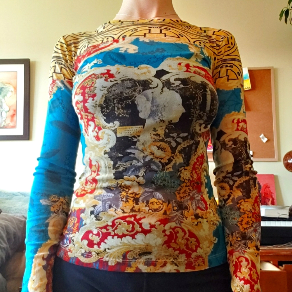 Mesh Gaultier-style Save The Queen printed long sleeve top